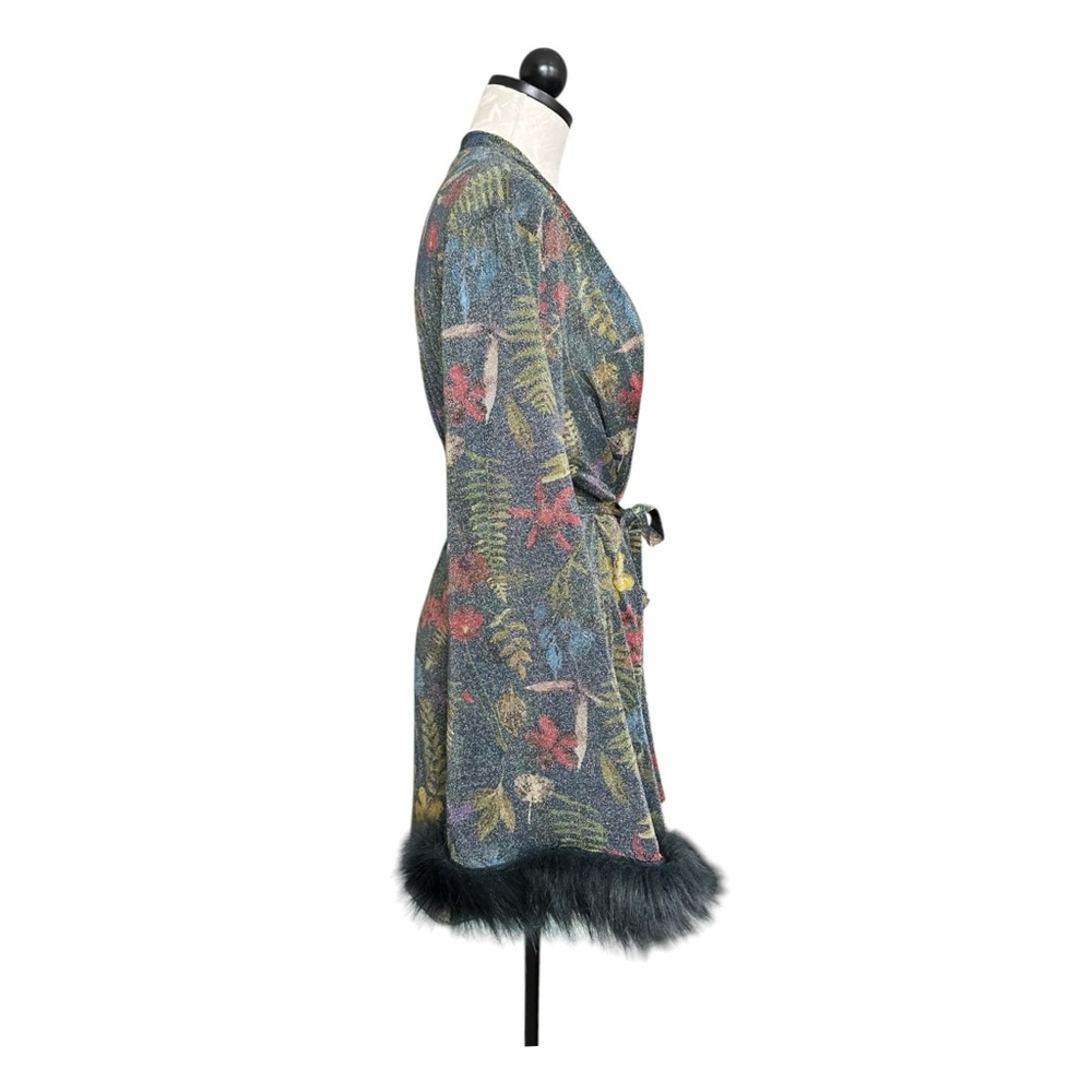 Savage X Fenty Trophy Wife Robe Metallic Island Print Sleeves Faux Fur Size M/L - Picture 8 of 16